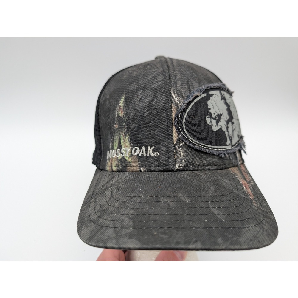 Mossy Oak Camo Trucker Hat Distressed Logo Mesh Back Cap L/XL Black Gray
